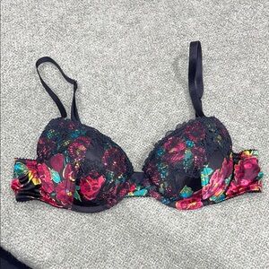 Aerie Black and Red Floral Underwire Push Up Bra